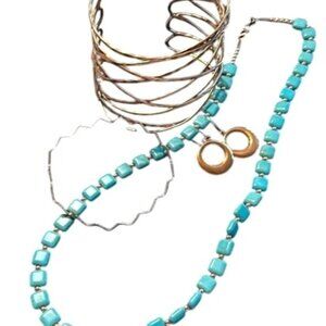Turquoise Bead Necklace Copper Spiral Cuff Zigzag Bracelet, Round Earrings Set